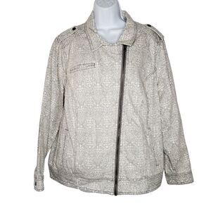 Ruff Hewn Womens Denim Moto Jacket Sz 2X Gray White Floral